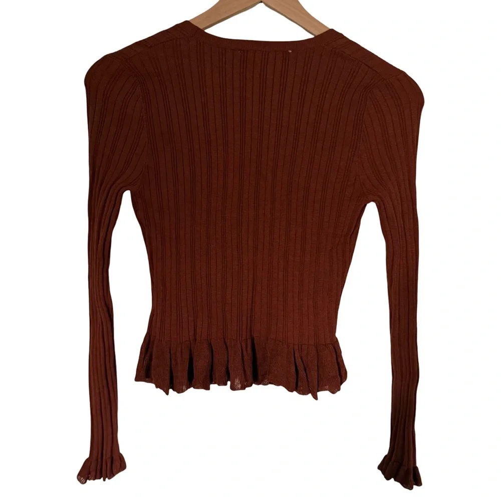 ZARA Ribbed Tie-Front Cardigan Top with‎ Rosette Detail – Brown